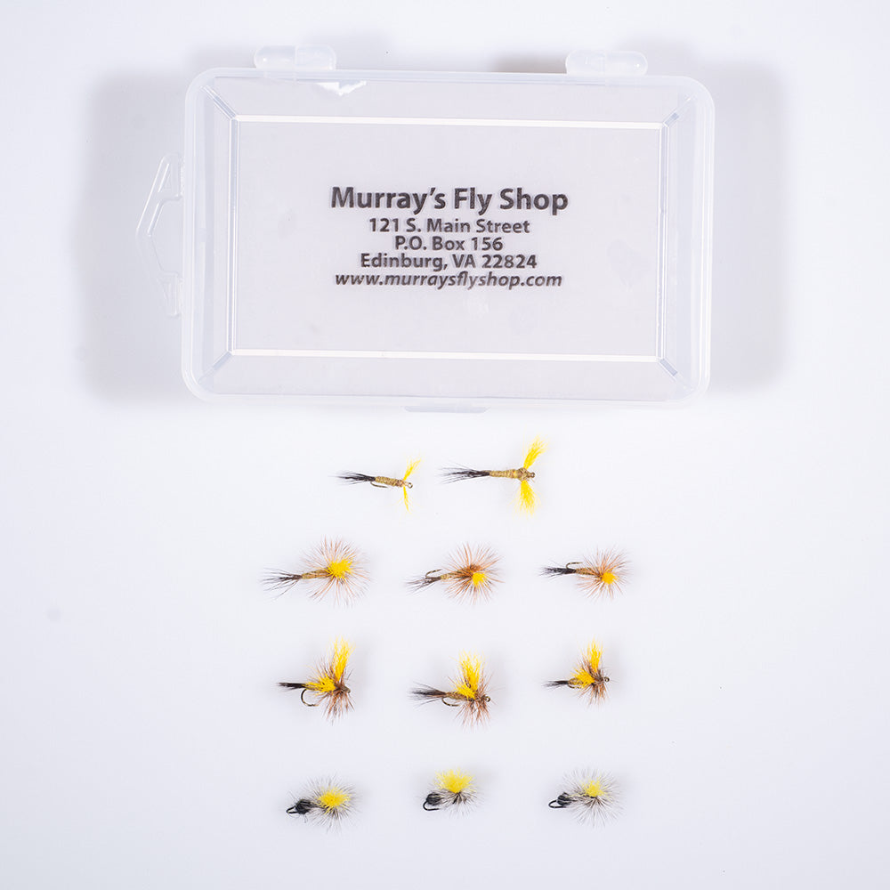Mr. Rapidan Deluxe Trout Dry Fly Assortment featuring 11 Mr. Rapidan Series flies in a 4-compartment fly box
