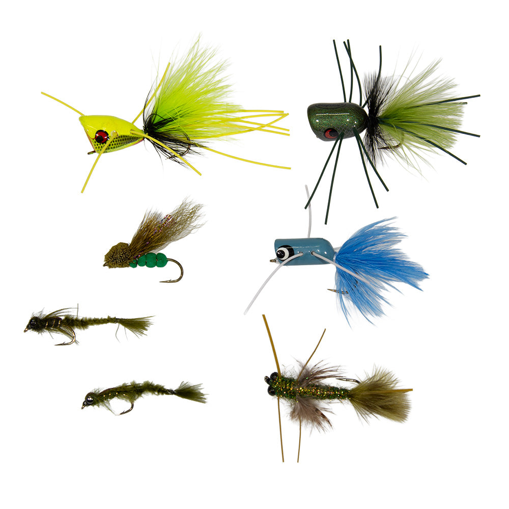 An assortment of smallmouth bass flies that are product in late summer including poppers, damselflies and dragonflies.