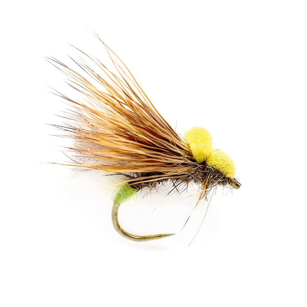 Close-up of Barbless Caddis Fly dry fly with natural body and high-floating hackle, tied on barbless hook