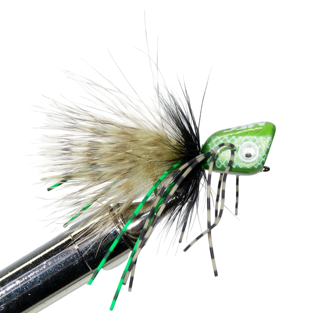 Bombshell Popper in damsel olive, excellent topwater fly for smallmouth bass