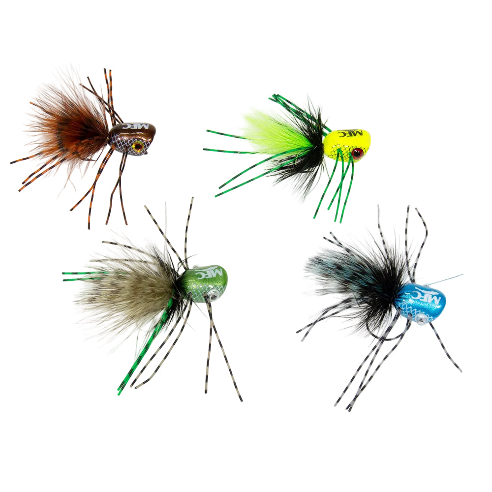 Bombshell Popper in Chartreuse, Bronze, Damsel Blue, and Damsel Olive which are excellent topwater fly for smallmouth bass