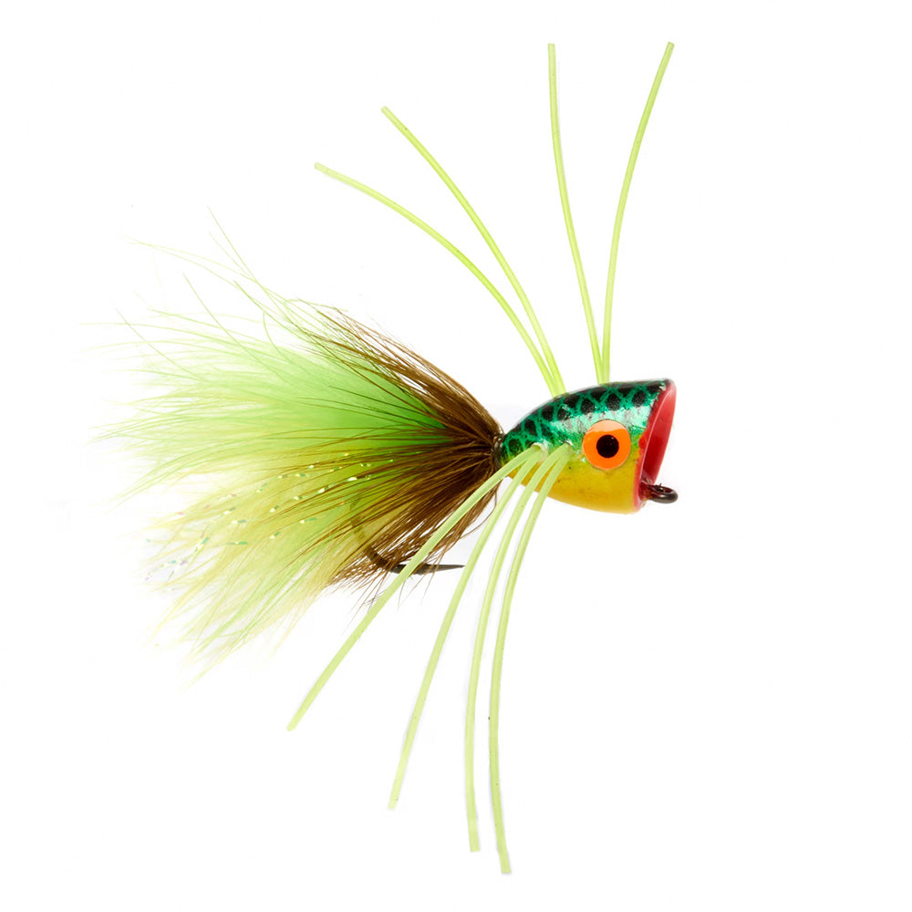Boss Bug Popper surface bug in Frog pattern, featuring a green spotted body and cupped face for smallmouth bass.
