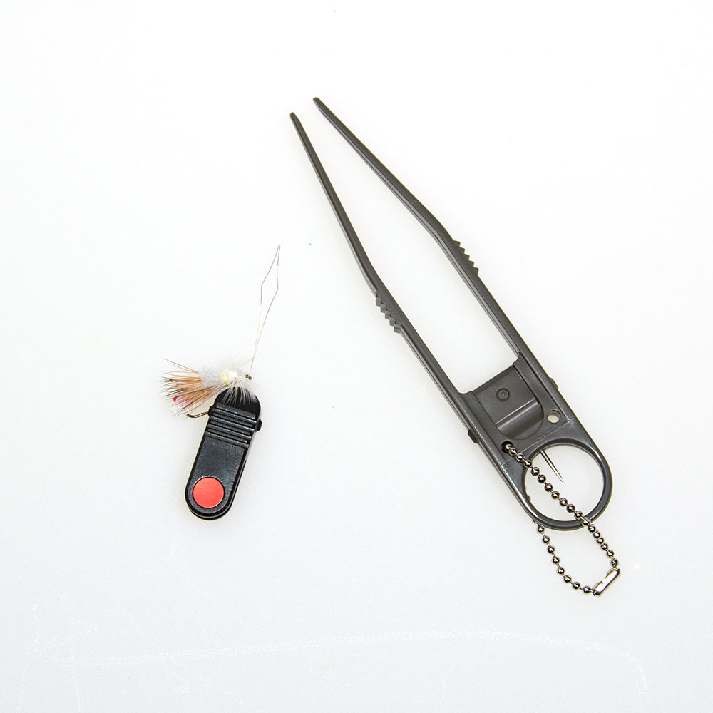 C&F Design Tweezer with a Fly on a Fly Threader shown with a white background - Murray's Fly Shop