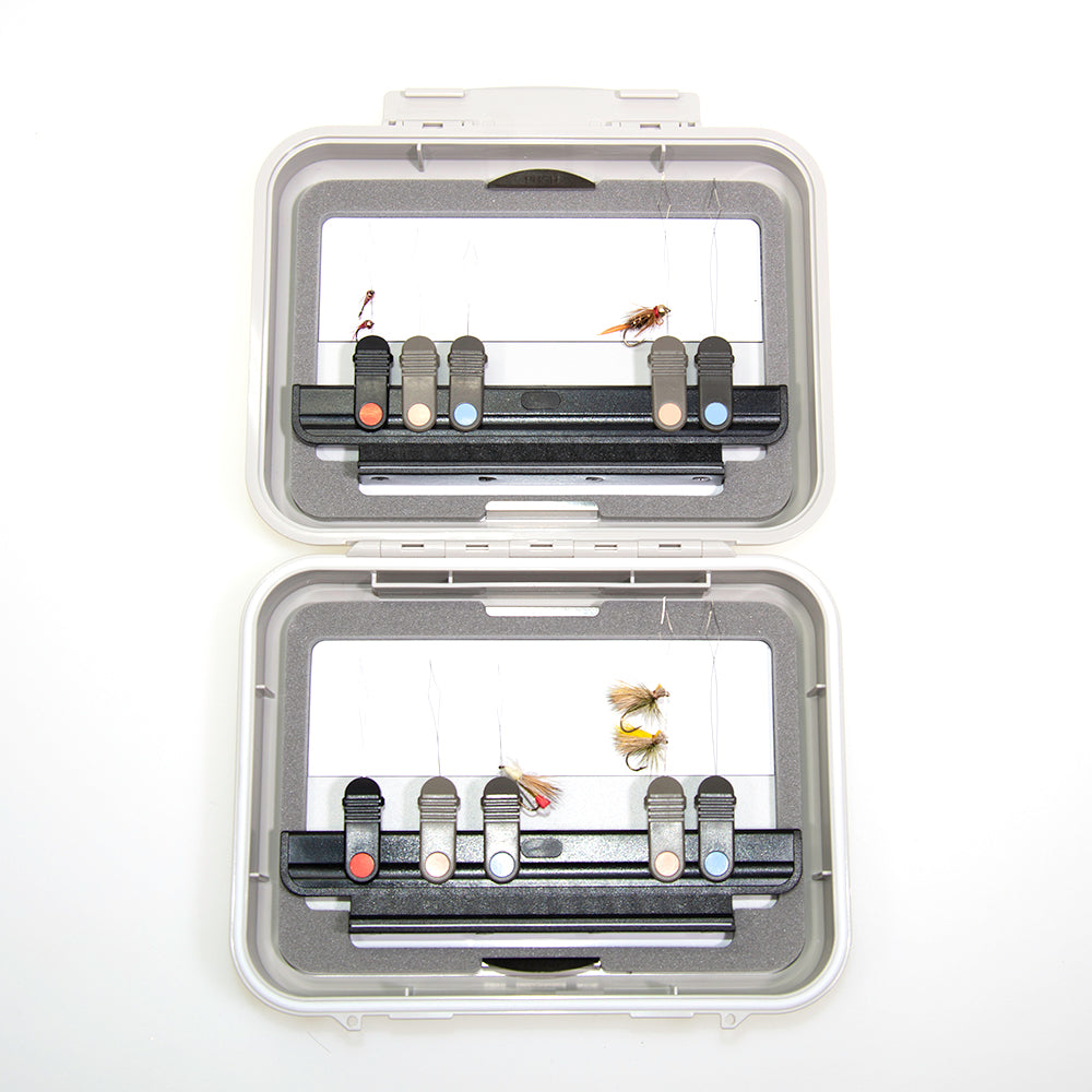 CF Design Threader Fly Box Off White Color shown with flies on the threaders to demonstrate how they are designed to be used - Murray's Fly Shop