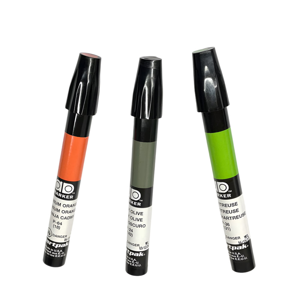 Shown are three Chartpak Markers ideal for coloring fly tying material, on a white background