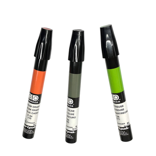 Shown are three Chartpak Markers ideal for coloring fly tying material, on a white background