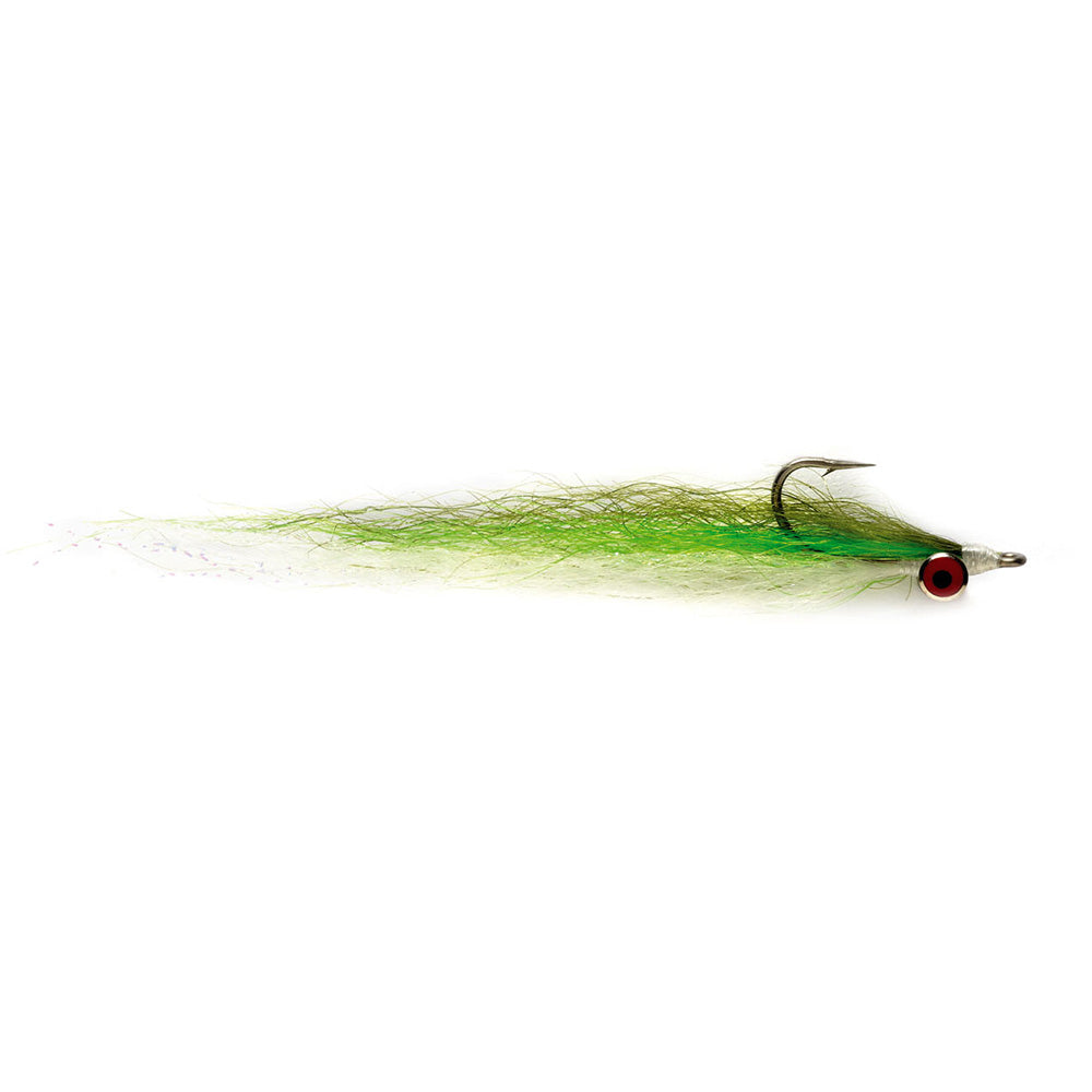 A Clouser Slinky fly in size 2/0 featuring green and white synthetic Slinky Fibre, distinct dumbbell eyes, and a sharp saltwater hook on a white background
