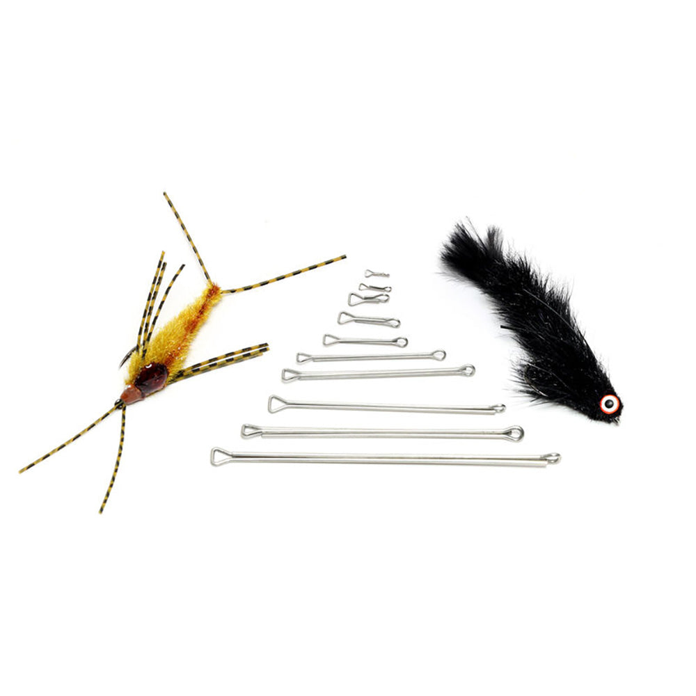 Fish Skull Articulated Shanks for fly tying lifelike streamer patterns.  Shown are two flies and 10 shanks of varying lengths on a white background