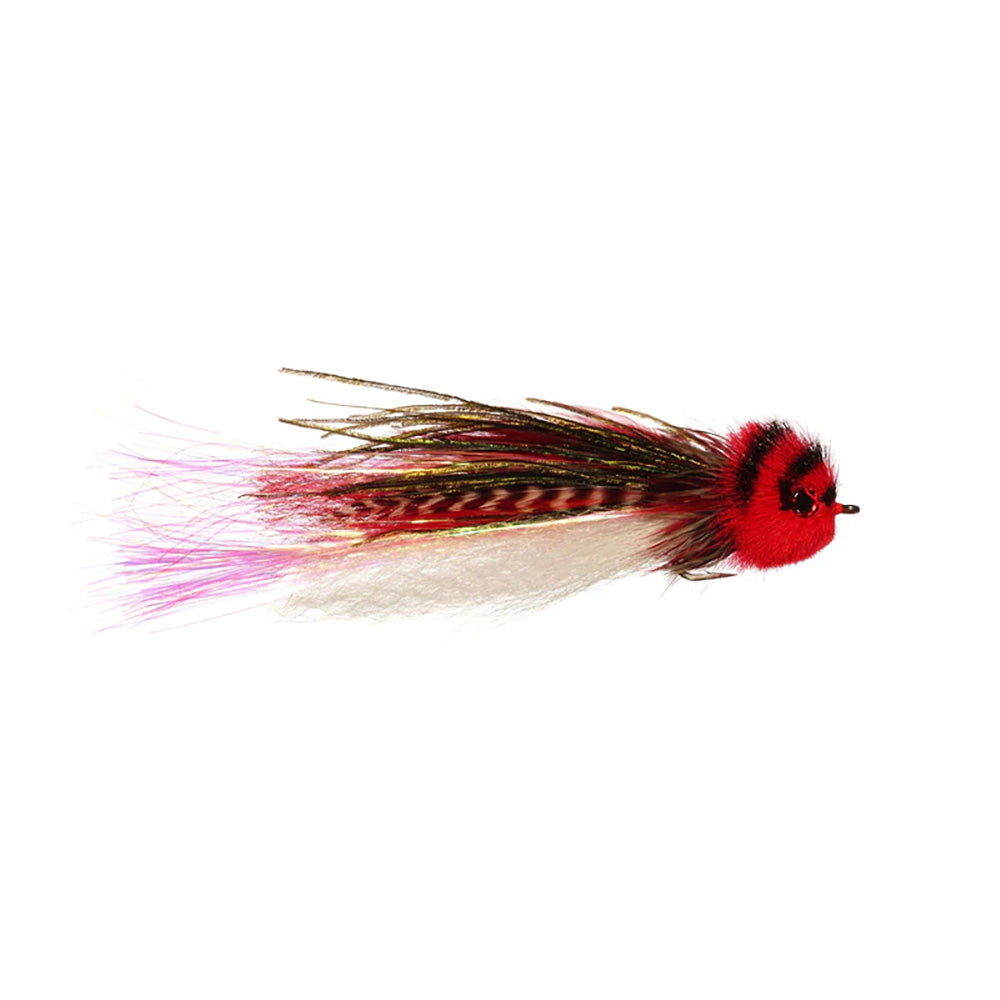 Granato's El Chupacabra streamer fly in Red White, size 4/0 – large baitfish pattern for Musky, Pike, and trophy bass