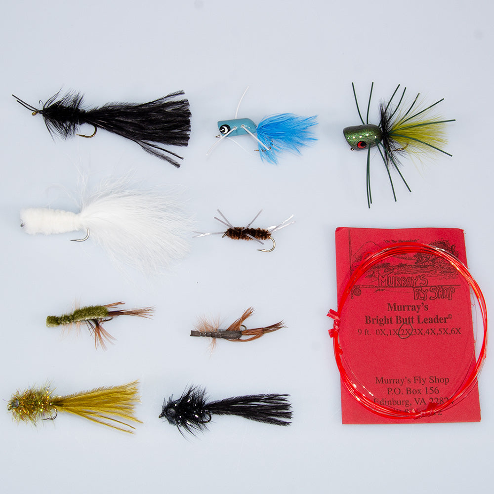 9 streamers, nymphs and poppers recommended for July smallmouth bass fly fishing with a Murray's Bright Butt 9ft 2X leader