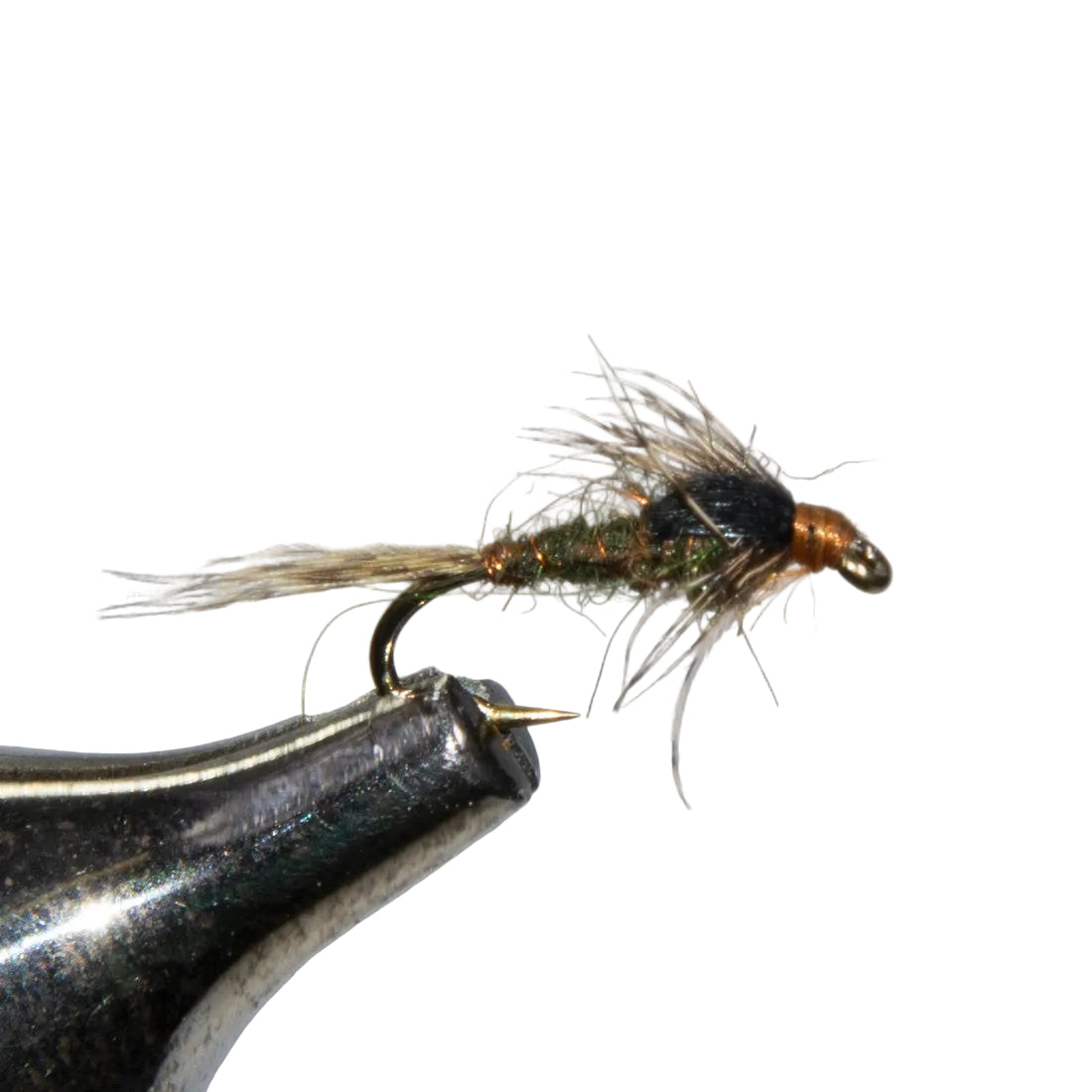 a close up of a Mayfly Nymph Blue Wing Olive Nymph in a fly tying vise