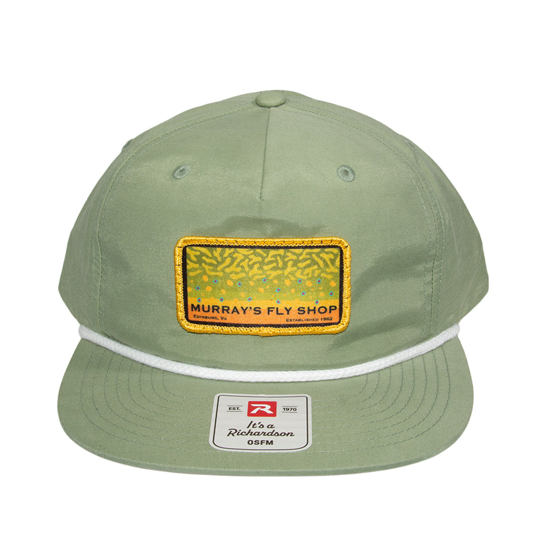 Richardson 256 Umpqua Sage Gramps hat with a sublimation patch with the Murray's Fly Shop name and brook trout design graphic.