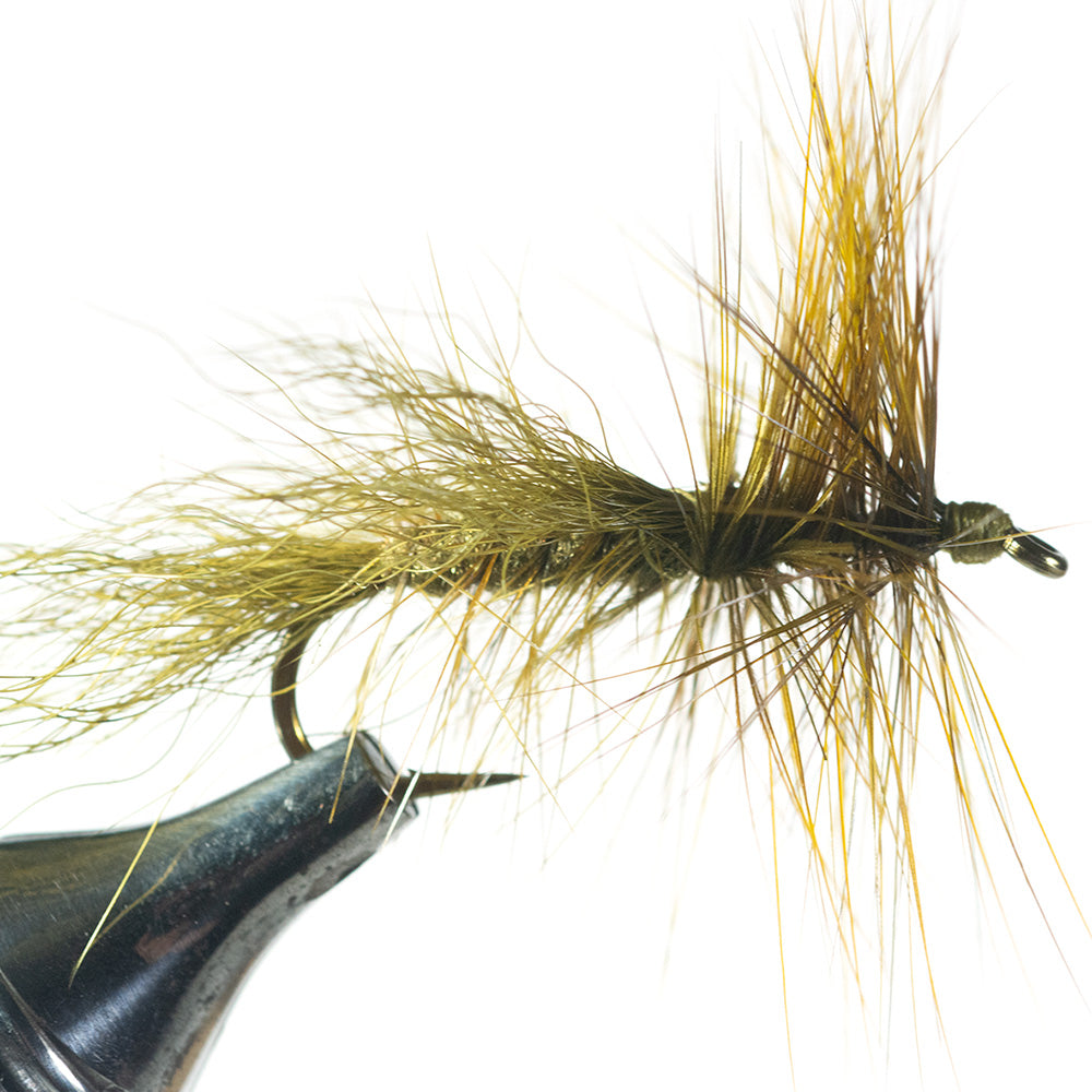 Murray's Olive Dragonfly Skater Dry looking at the fly from the side on a white background being held in a fly tying vise