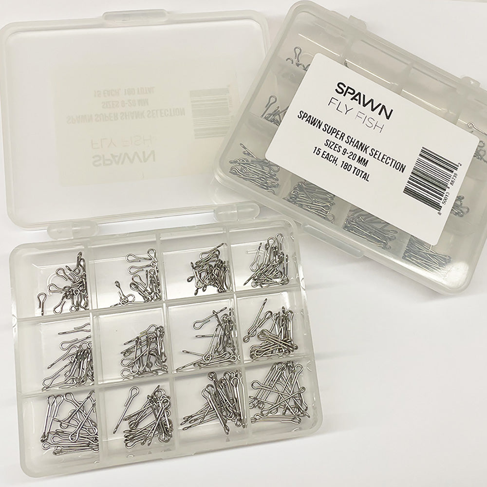Shown is the spawn super shank selection in clear divided plastic box with 12 different sizes and 15 of each size