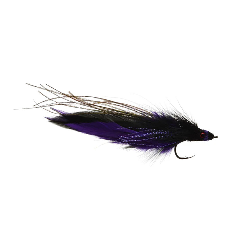 TK's El Dorado Deceiver streamer fly, Black/purple, size 3/0 – 6-inch jungle streamer for Golden Dorado, Musky, and Pike