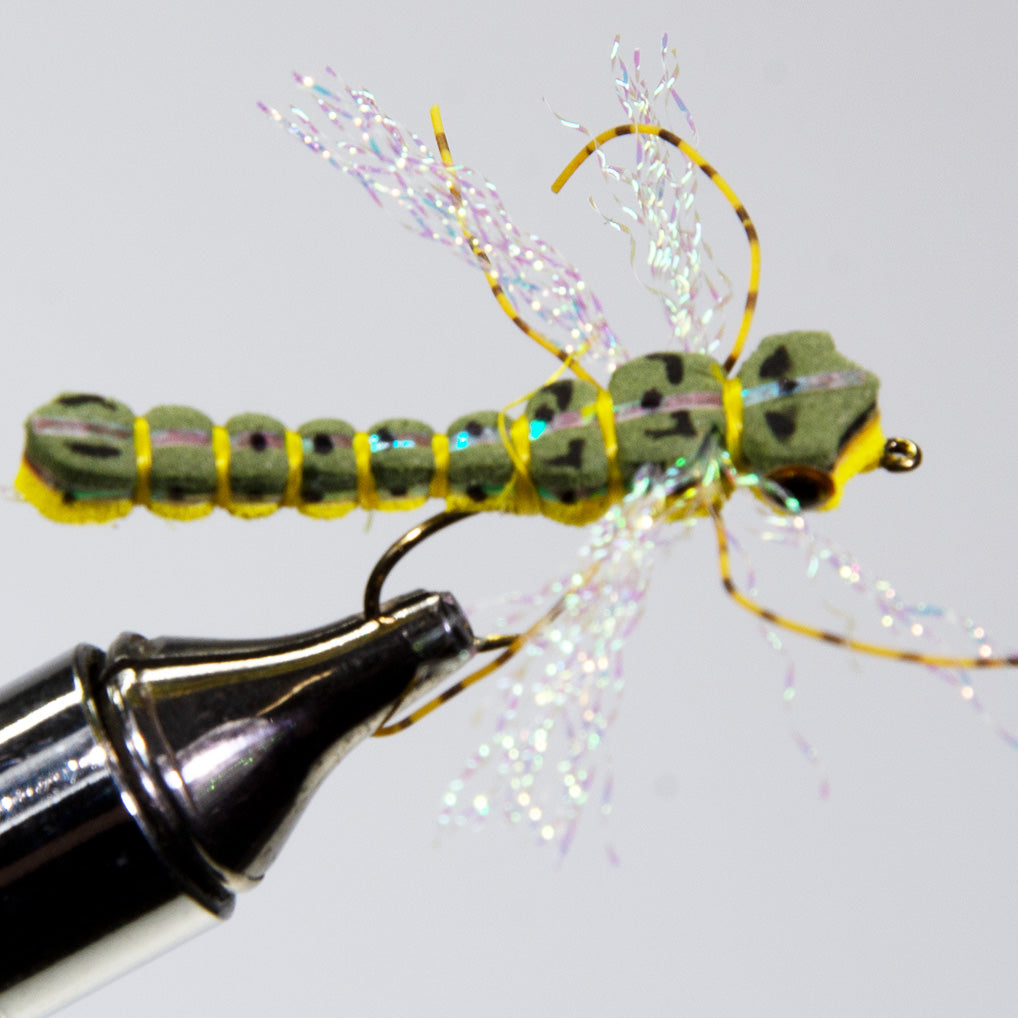 Whitlock Gorilla Damsel Dragonfly in Olive/Yellow that is a great topwater surface fly for smallmouth bass and panfish.