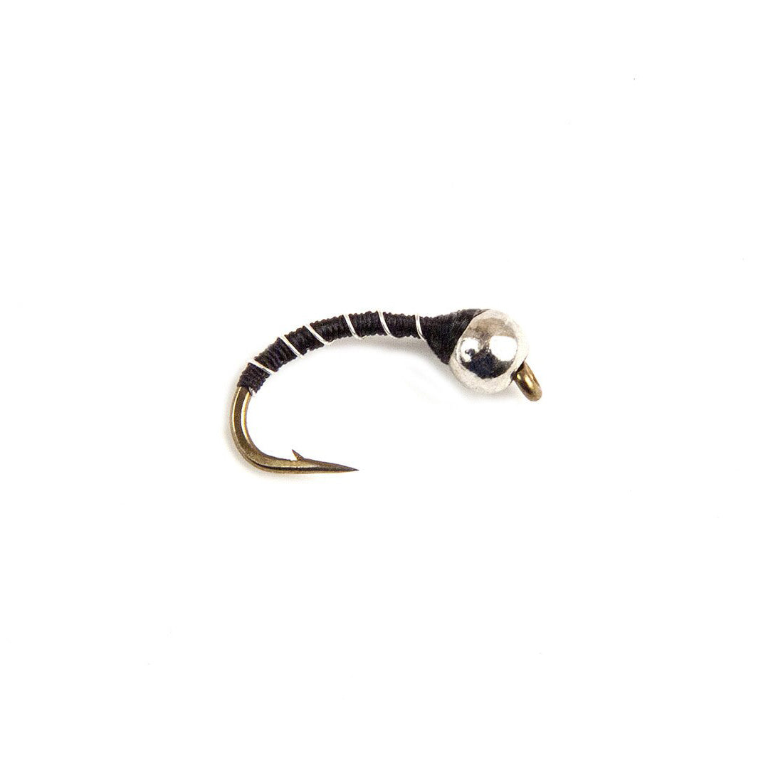 A Zebra Midge in black with a stainless steel bead that is highly effective for midge fly fishing on trout streams.