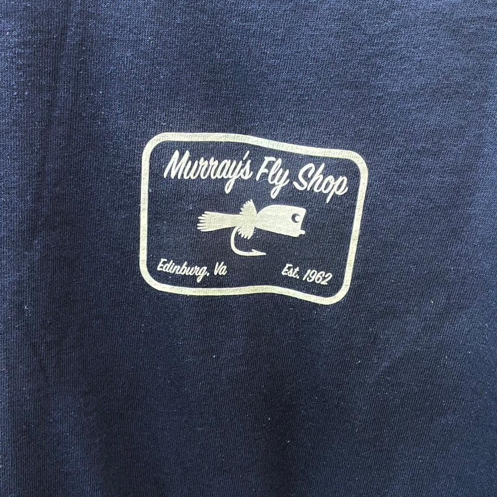 Murray's Bass Popper T-Shirt logo featured on the front of the navy colored shirt