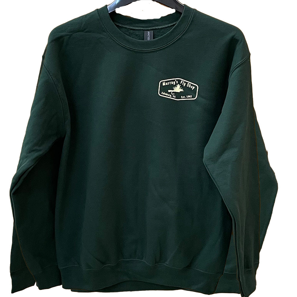 Murray's Fly Shop Sweatshirt featuring brook trout in forest green color