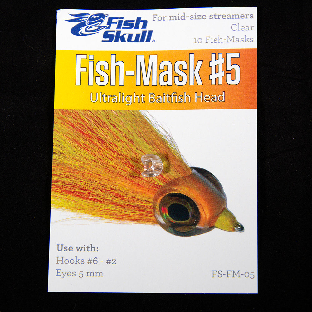 Shown is the Fish Skull Fish Mask #5 for fly tying which fits Hooks #6 - #2 with package insert and one fish mask on package