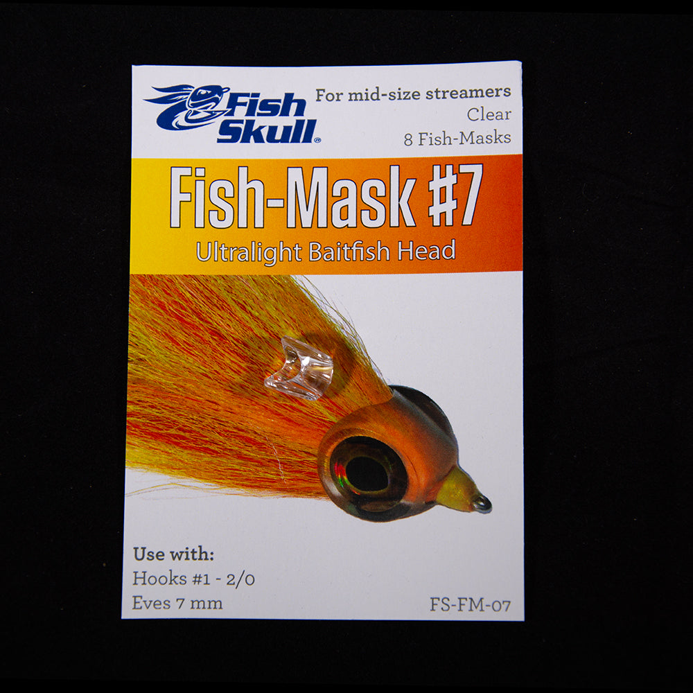 Shown is the Fish Skull Fish Mask #7 for fly tying which fits Hooks #1 - #2/0 with package insert and one fish mask on package
