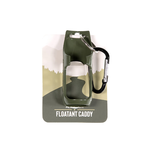 Floatant Caddy - aluminum dry fly floatant holder with snap ring an clip shown on it's cardboard display holder with a white background - Murray's Fly Shop
