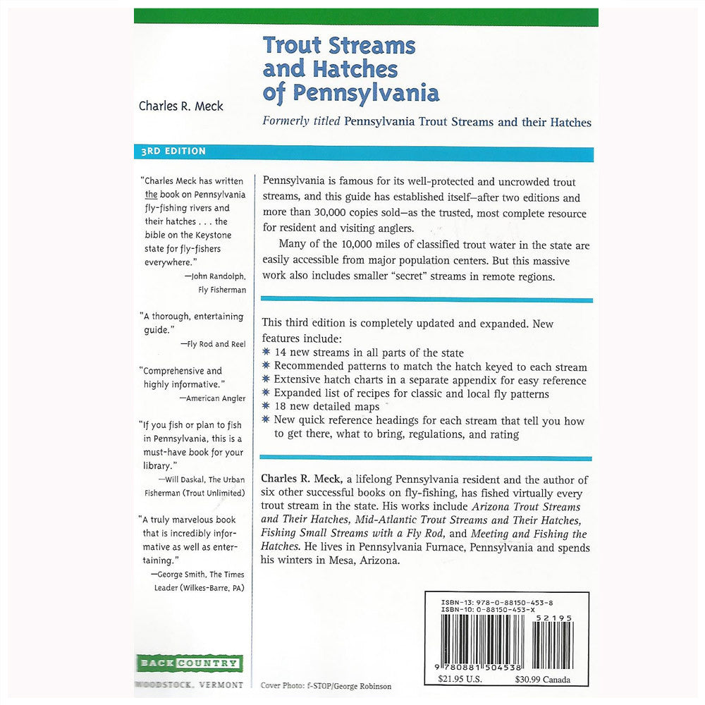 Shown is the back of the book Trout Streams and Hatches of Pennsylvania by Charles R. Meck