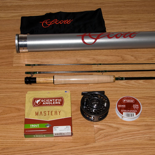 Murray's Mountain Trout Fly Rod and Reel Combo Shown with a Scott Murray Mountain Trout Rod, Cloth Sack with Scott logo, aluminum rod tube, Scientific Anglers Mastery Trout Fly Line, Orvis Battenkill Reel and Scientific Anglers Backing Spool