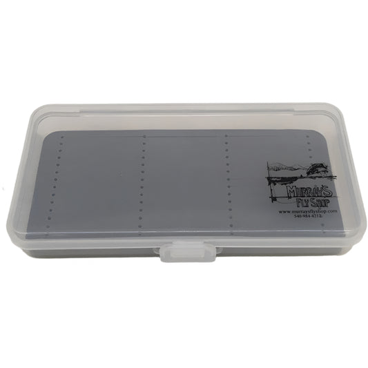 Clear Box with Gray Liner with Murray's Fly Shop logo in the bottom right hand corner