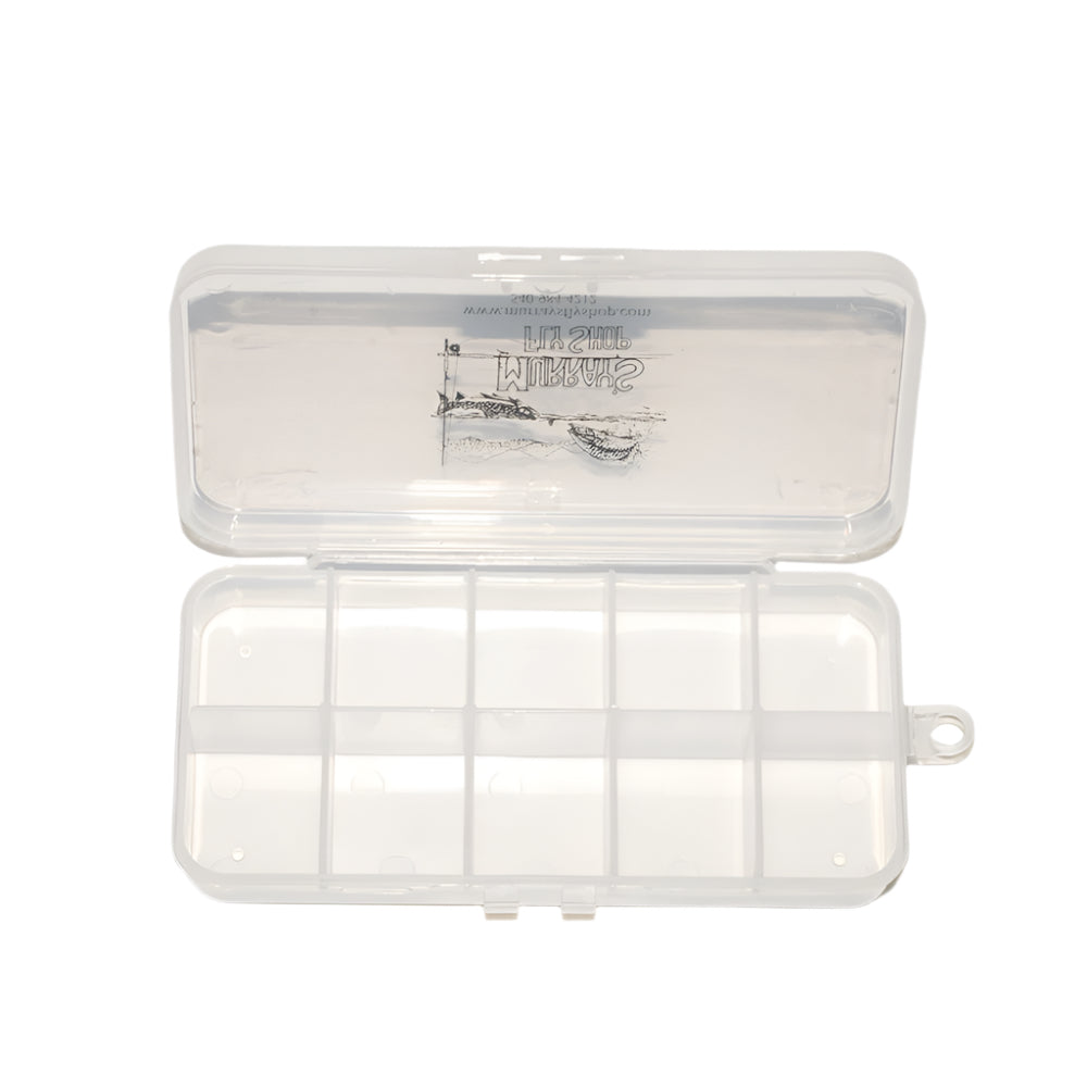Clear 10-compartment fly box that is ideal for dry flies and nymphs