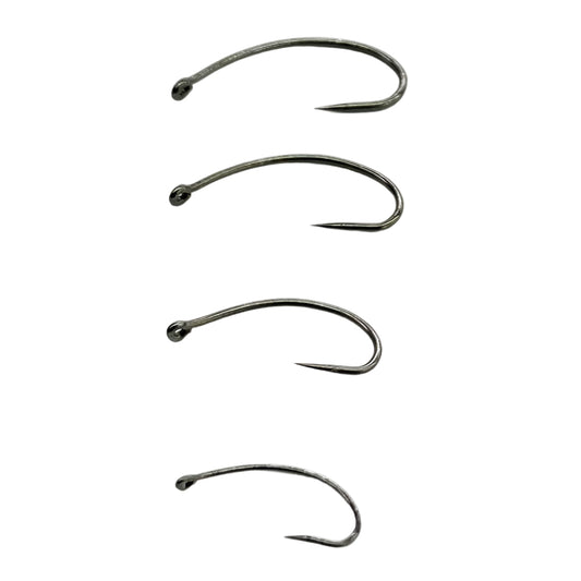 Partidge Barbless Fly Tying Hooks ideal for Perdigon Style flies shown on a white background.  There are four hooks in a vertical line