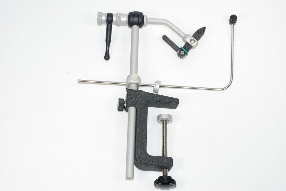 Renzetti Traveler 2200 C-Clamp Right Hand Fly Tying Vise with bobbin cradle is pictured