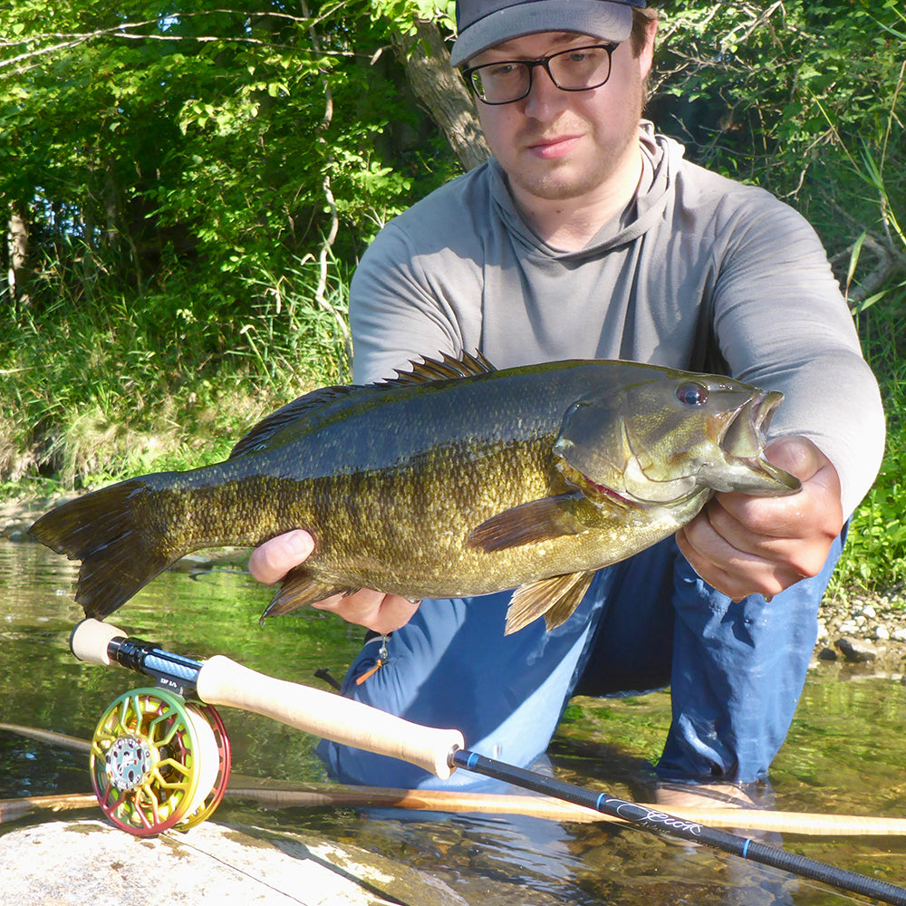 A nice smallmouth bass landed on a Scott Wave Fly Rod