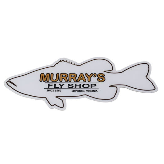 Smallmouth Bass Outline Sticker with Murray's Fly Shop Since 1962 Edinburg, Virginia written on it