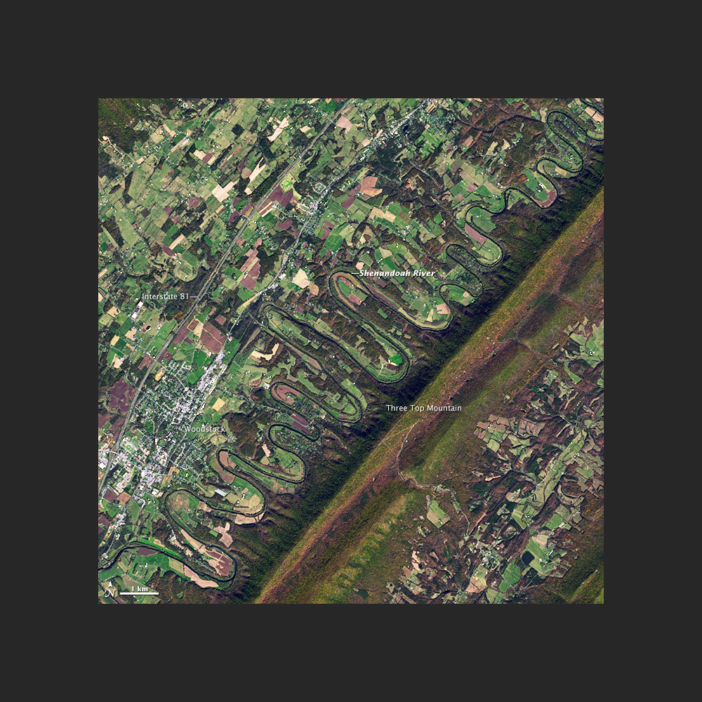 Pictured is a map of the North Fork of the Shenandoah River from Woodstock, VA north. The map show an aerial photo of the river and surrounding area