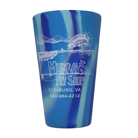 Sili Pint Cup with Murray's Fly Shop Logo on the front of it shown on a white background