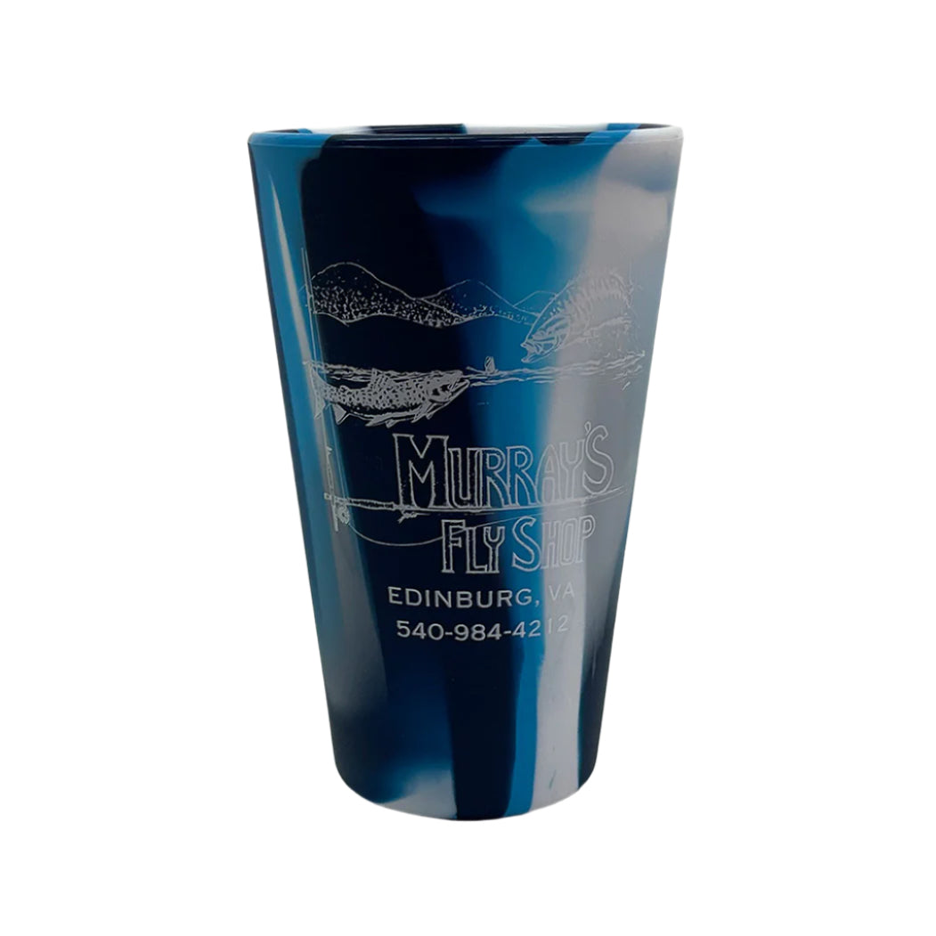 Sili Pint Cup with Murray's Fly Shop Logo on the front of it shown on a white background