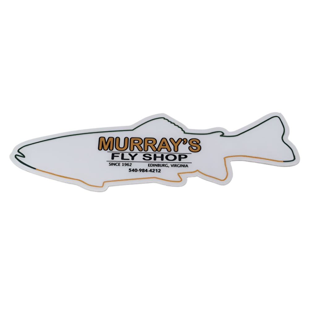 Brook Trout outline Sticker with Murray's Fly Shop written on it along with Since 1962 Edinburg, Virginia 540-984-4212