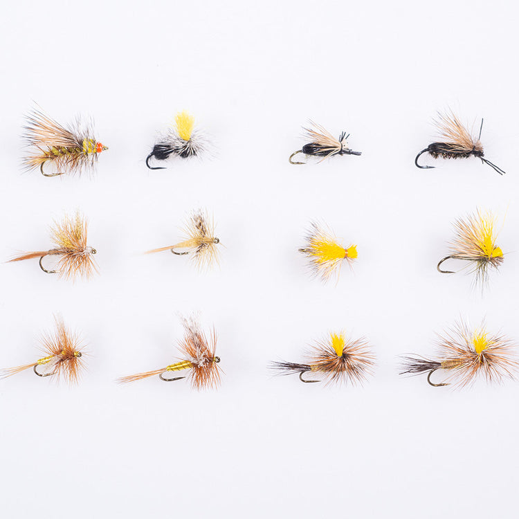 Top-down view of the 12-pack Murray's Trout Dry Fly Assortment, featuring meticulously tied mayflies, caddis, and terrestrial patterns for mountain trout fishing.