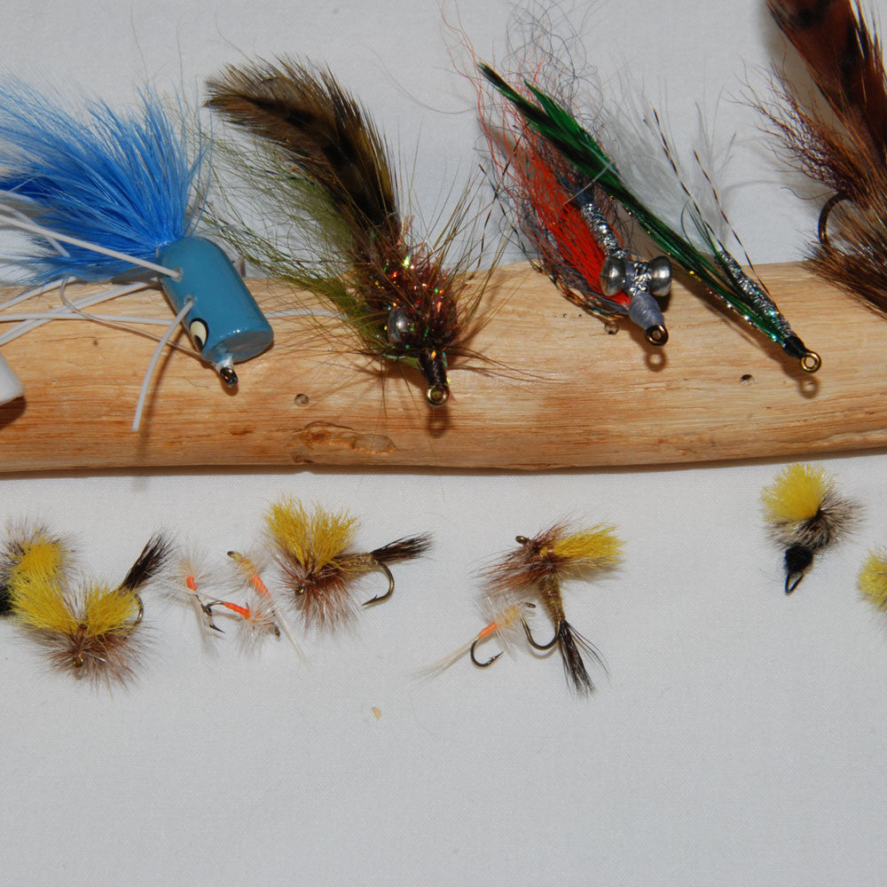 Trout Flies and Bass Flies on a piece of driftwood lying on a white background.  Shown are nymphs, streamers, popping bugs and dry flies