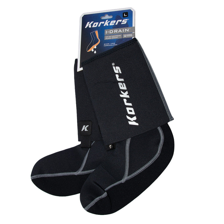 Korkers I-Drain Neoprene Wading Socks with integrated gravel guards.