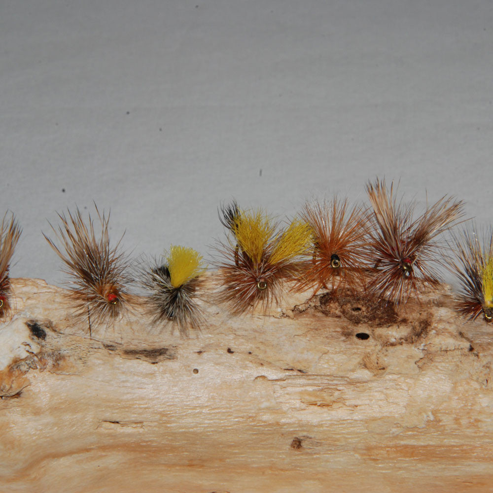 Trout Fly Fishing Flies shown on a tan piece of driftwood