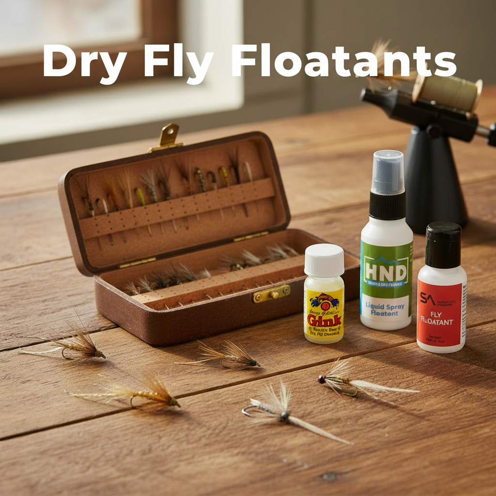 Dry fly floatant products including Gink, High N Dry, Scientific Anglers, and Hareline Water Shed beside an open fly box with dry flies on an angler's desk at Murray's Fly Shop