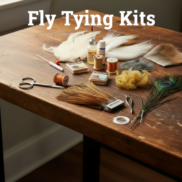 Fly tying kit materials including scissors, bobbin, hackle pliers, feathers, deer hair, peacock herl, and hooks arranged on a rustic fly tying desk at Murray's Fly Shop
