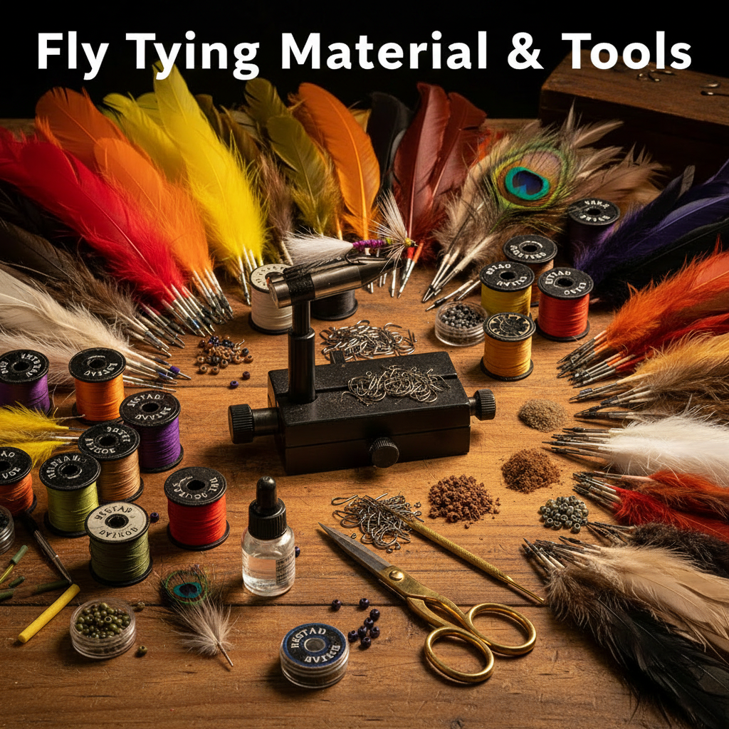 Fully loaded fly tying desk with colorful hackle feathers, Mustad Heritage hooks and thread, scissors, hackle pliers, dubbing needle, vise, marabou, deer hair, and dubbing at Murray's Fly Shop