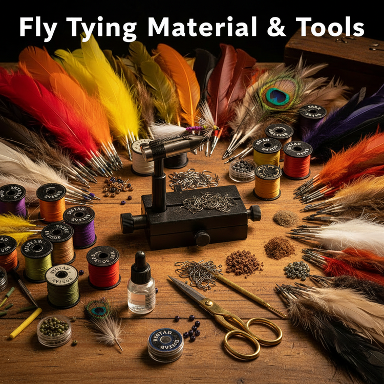 Fully loaded fly tying desk with colorful hackle feathers, Mustad Heritage hooks and thread, scissors, hackle pliers, dubbing needle, vise, marabou, deer hair, and dubbing at Murray's Fly Shop