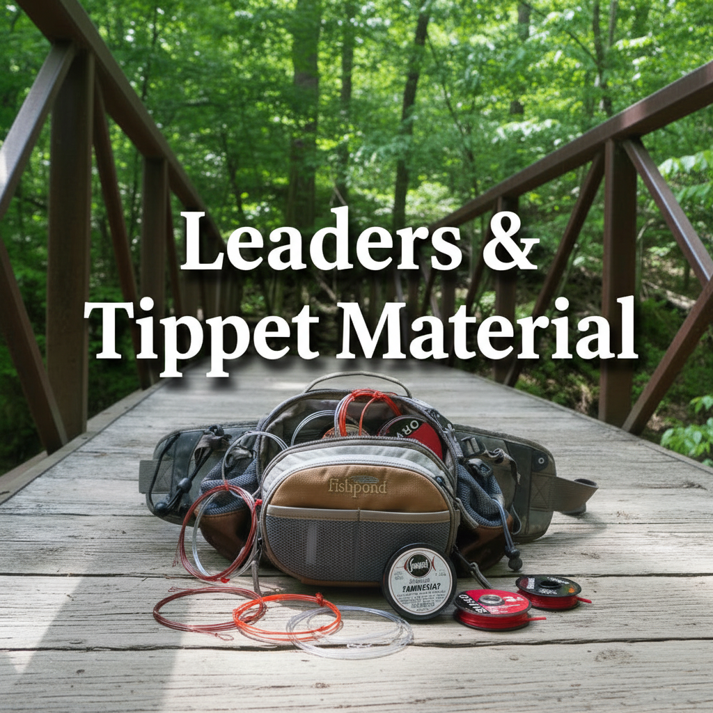 Fly fishing leaders and tippet spools including Orvis Superstrong+, Umpqua, and Sunset Amnesia arranged around an open Fishpond pack on a wooden bridge in a forest setting.