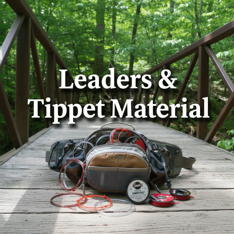 Fly fishing leaders and tippet spools including Orvis Superstrong+, Umpqua, and Sunset Amnesia arranged around an open Fishpond pack on a wooden bridge in a forest setting.