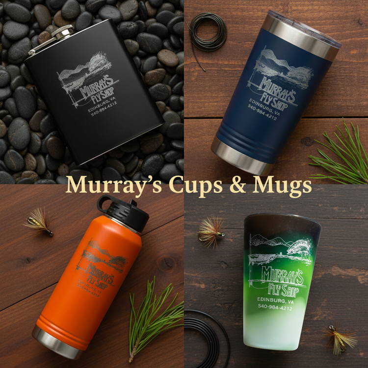 Murray's Fly Shop branded drinkware collection featuring a matte black hip flask, navy insulated tumbler, orange water bottle, and green silicone pint cup — Murray's Cups & Mugs