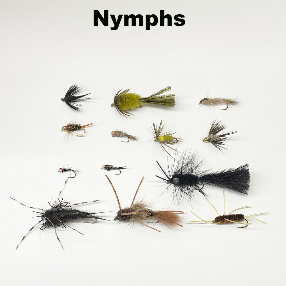 Shown are various nymph patterns on a white background.  There are patterns for bass, trout, carp and sunfish